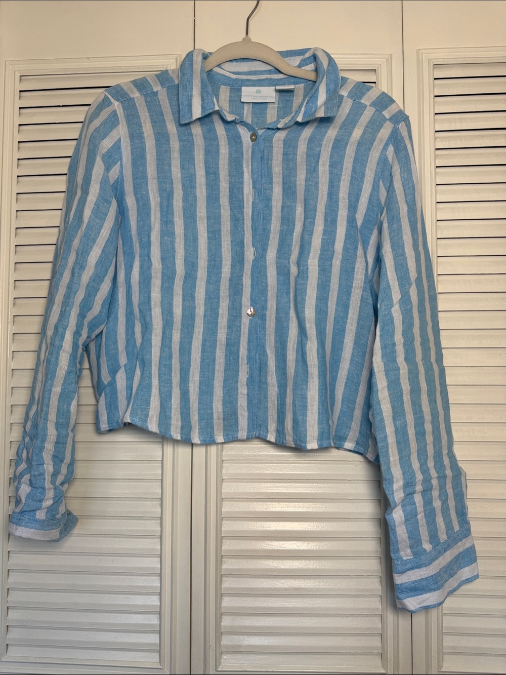 Cynthia Rowley Blue & White Vertical Stripe Button-Down Shirt, Women Medium Size